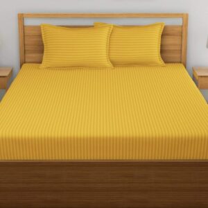 Homecrown Premium Quality Glace Cotton Fabric Satin Stripe Double Bed sheet with Pillow Covers Size 90 x 100 Inch Yellow Color
