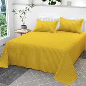Homecrown Cotton Double Bedsheet with 2 Pillow Covers- Satin Stripe- 90x100 Inch- Yellow