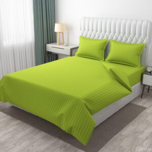 Cotton Double Bedsheet with 2 Pillow Covers- Satin Stripe- 90x100 Inch- Parrot Green