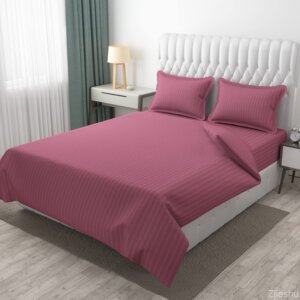 Homecrown Cotton Double Bedsheet with 2 Pillow Covers- Satin Stripe- 90x100 Inch- Onion Pink