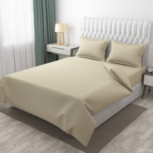 Cotton Double Bedsheet with 2 Pillow Covers- Satin Stripe- 90x100 Inch- Beige